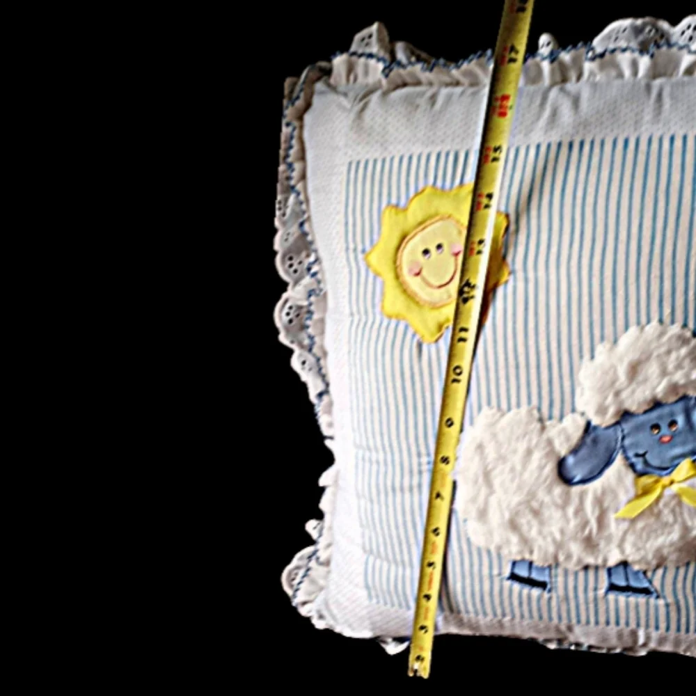 Nursery Pillow Cushion with Fluffy Sheep and Bright Sun appliques Eyelet trim